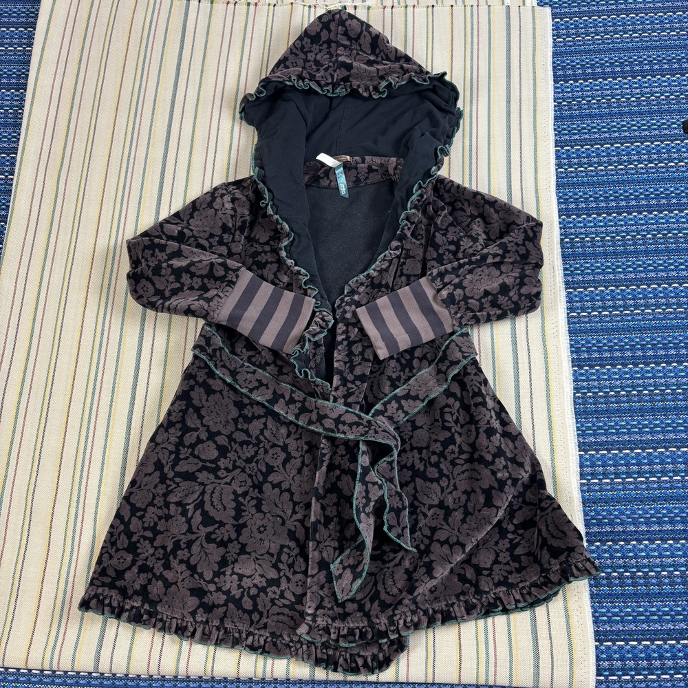 Matilda Jane Coat Girls 8 Black Floral Hooded Fleece Wrap Belted Ruffle GC